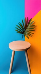 Poster - Minimalist Color Block Interior Scandinavian Wooden Stool with Tropical Palm Leaf - Contemporary Design Inspiration for Creative Spaces and Modern Home Styling