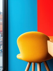 Poster - Vibrant Minimalist Home Office Sanctuary Bold Yellow Ergonomic Chair, Color Block Design and Modern Workspace Inspiration for Creative Professionals