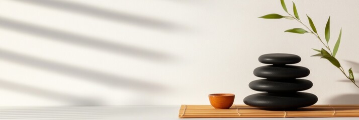 Aufkleber - Zen Wellness Sanctuary Minimalist Stone Balance and Bamboo Harmony - Mindful Lifestyle Imagery for Holistic Health Marketing and Meditation Branding