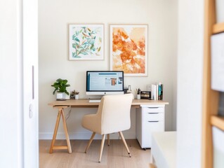 Poster - Minimalist Home Office Sanctuary Scandinavian-Inspired Workspace Design with Botanical Art, Ergonomic Comfort and Modern Productivity Solutions for Remote Professionals