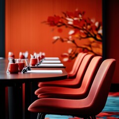 Aufkleber - Minimalist Corporate Sanctuary Ergonomic Red Conference Space with Immersive Design - Transformative Professional Collaboration and Innovative Meeting Aesthetics