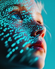 Poster - Cyber Sensory Fusion Immersive Digital Identity Portrait - Next-Gen AI Visualization of Human-Technology Convergence in Hyper-Realistic Teal Projection Aesthetic