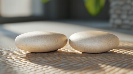 Poster - two smooth, beige stones resting on a woven mat in a sunlit, serene indoor setting