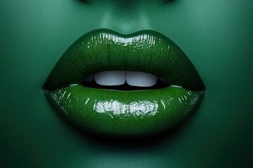 Poster - Avant-Garde Beauty Narrative Emerald Glossy Lip Art Exploring Tangy Culinary Couture - Experimental Fashion and Digital Content Creation
