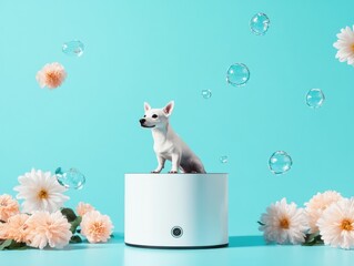 Poster - Whimsical Smart Pet Wellness Minimalist Hydration Tech with Playful Canine Companion - Modern Interactive Animal Care Innovation