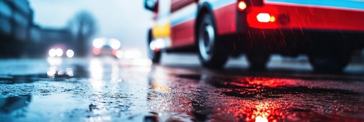 Poster - Urban Emergency Response in High-Definition Cinematic Wet Street Ambulance Deployment Highlighting Critical Care Infrastructure and Rapid Intervention Dynamics