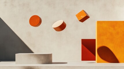 Aufkleber - Kinetic Geometry Minimalist of Floating Abstract Shapes in Warm Terracotta and Neutral Tones - Contemporary Design Innovation for Architectural Visualization