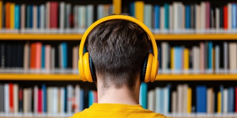 Aufkleber - Immersive Digital Learning Gen Z Studious Minimalist with Noise-Cancelling Headphones Exploring Advanced Online Education in Modern Library Space