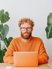Aufkleber - Mindful Digital Workspace Curly-Haired Millennial Professional in Vibrant Orange Embracing Biophilic Home Office Design for Remote Productivity and Creative Inspiration
