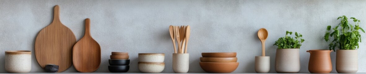 Poster - Minimalist Eco-Chic Kitchen Styling Sustainable Wooden Utensils and Ceramic Vessels in Neutral Palette - Modern Culinary Design for Conscious Living Enthusiasts