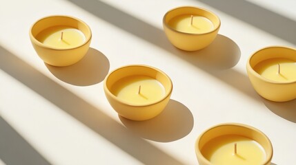 Poster - yellow candles arranged in bowls casting soft shadows on a light surface, creating a serene atmosphe