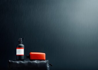 Poster - Minimalist Industrial Hygiene Bold Red Soap Dispenser and Bar on Dark Textured Surface - Sleek Sanitization Design for Modern Workspaces