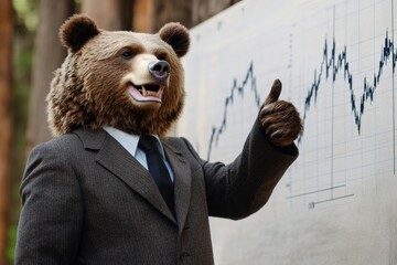 Poster - bear in business suit signals thumbs up at stock market graph in forest
