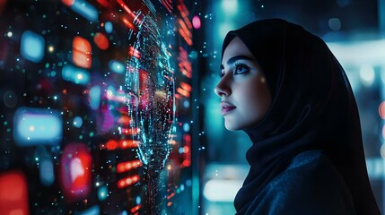 Muslim Woman in Technology Looking at Futuristic Interface