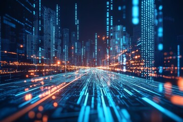 Poster - Futuristic Digital Cityscape Illuminated with Neon Lights in a Cyber World