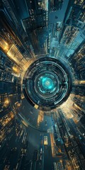 Poster - A captivating futuristic cityscape featuring a circular motif surrounded by vibrant neon lights. The dynamic perspective creates a sense of depth and motion.