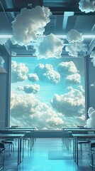 Poster - A visually stunning classroom scene featuring floating clouds against a bright blue sky, creating an innovative and tranquil atmosphere for inspiration and creativity.