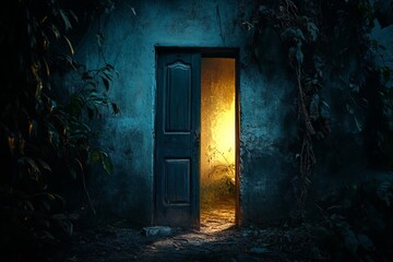 Wall Mural - A door is open in a dark room with a light shining through it. Scene is eerie and mysterious