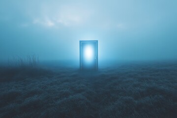 Wall Mural - A door is open in a field of grass. The door is glowing and the grass is wet. Scene is eerie and mysterious
