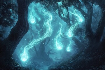 Poster - a forest with glowing blue fireflies. the fireflies are scattered throughout the forest, with some c