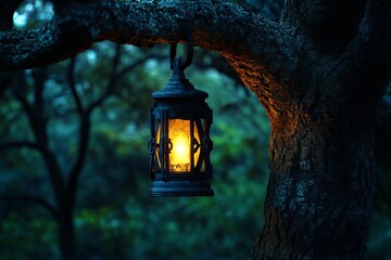 Poster - A charming lantern hangs from a tree branch, emitting a warm glow in a serene forest setting at dusk. The tranquil scene invites peace and reflection.