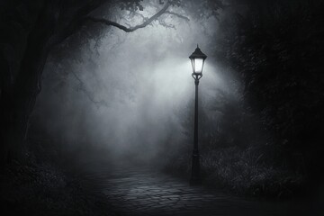 Poster - A serene and eerie view of a foggy pathway illuminated by a vintage lamp, creating a mysterious atmosphere in the dark, wooded environment.