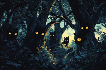 Poster - A captivating illustration of a dark, enchanted forest featuring mysterious feline creatures with glowing eyes, inviting viewers into a magical and surreal world.