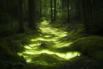 Poster - A serene pathway winds through an enchanting forest, featuring glowing green moss underfoot, creating a mystical atmosphere in nature's embrace.