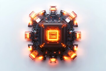 Poster - This abstract image features a futuristic technology circuit with glowing orange lights. The intricate design conveys a sense of modern innovation and digital exploration.