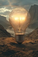 Poster - A captivating image showcasing a vintage light bulb glowing amidst a rustic landscape, symbolizing creativity and energy in a serene and majestic environment.