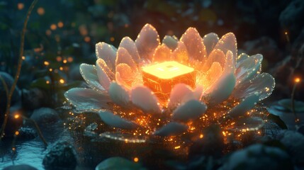 Poster - A captivating glowing lotus flower radiates enchanting light in a serene natural setting, creating a magical and tranquil atmosphere perfect for artistic expressions.