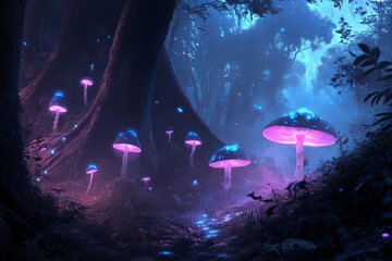 Poster - A mesmerizing forest scene featuring vibrant glowing mushrooms under a mystical night sky, creating an enchanting atmosphere full of magic and tranquility.