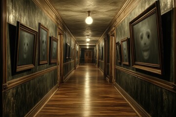 Poster - A long hallway with a lot of pictures on the walls. The hallway is dark and the pictures are scary