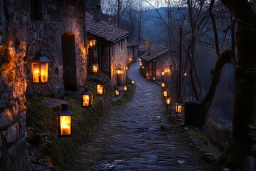 Poster - A serene twilight pathway illuminated by glowing lanterns in a historic stone village. The tranquil scene captures the ambiance of dusk in nature.