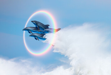 Poster - Group of dolphins jumping up from the sea rounded rainbow in the background 