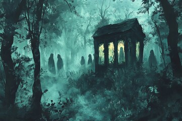 Poster - This atmospheric image features mysterious figures shrouded in fog, standing near an eerie cabin illuminated by a glowing lantern. Explore the supernatural vibe of nature.