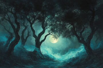 Poster - A captivating moonlit forest scene featuring eerie trees and gentle waves, creating an enchanting atmosphere. Perfect backdrop for fantasy themes.