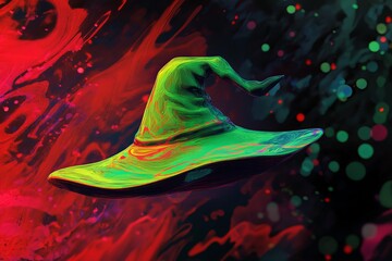 Poster - A vibrant, colorful witch hat floats against an abstract background, showcasing swirling textures and playful colors, perfect for Halloween or fantasy themes.