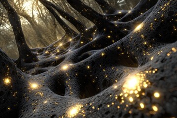 Poster - Stunning abstract image of a dark textured landscape with glowing points resplendent in a mystical forest setting, creating an otherworldly atmosphere.