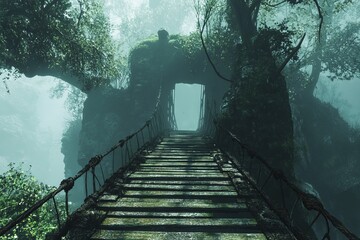 Poster - Discover a mystical forest pathway featuring an ancient bridge surrounded by lush foliage and mysterious fog. A perfect setting for adventure and exploration.
