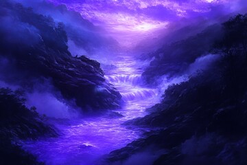 Poster - A captivating scene of a serene river flowing through a mystical landscape, enveloped in purple twilight hues and soft mist, evoking a sense of tranquility and wonder.