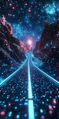 Poster - Discover a mesmerizing futuristic road winding through a cosmic landscape, illuminated by vibrant neon lights against a starry sky, evoking wonder and exploration.