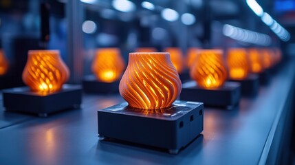 Poster - Vibrant orange 3D-printed lamps illuminate a modern workspace with a sleek design