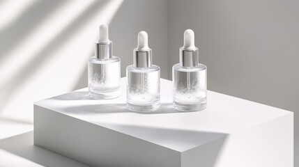 Poster - Three elegant glass dropper bottles on a minimalist pedestal with soft shadows and light play