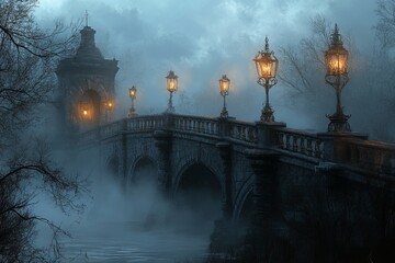 Poster - This evocative image features a misty bridge adorned with glowing lanterns, surrounded by tranquil fog, creating a serene and mysterious atmosphere perfect for storytelling.