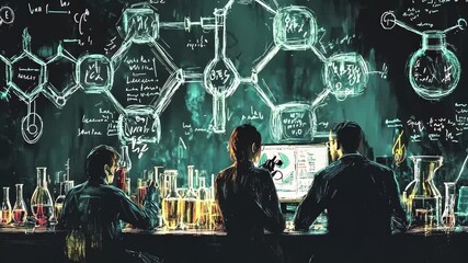 Poster - Chemical analysis and data processing in a laboratory environment involving scientists at work, chemical formula and data processing over scientists doing experiment
