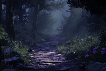 Poster - A serene forest path illuminated by soft light, surrounded by lush vegetation and vibrant flowers, creating an enchanting atmosphere perfect for nature lovers.