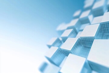 Poster - White cubes floating abstractly in light blue background for data, tech use