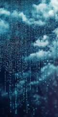Poster - Captivating abstract representation of binary code falling like rain over a cloudy sky, creating a sense of technology and digital innovation.