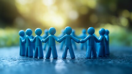 Poster - Blue figurines forming a connected circle, hands linked, symbolizing teamwork and unity, supportive and harmonious environment, gentle lighting, Midjourney V6